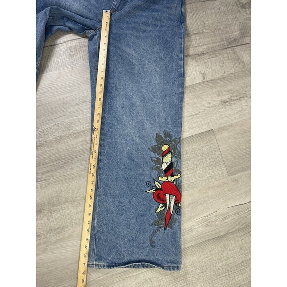 Ed Hardy Heart Dagger Love Wide Leg Loose Fit Retro Light Jeans Size 32 Y2K R - Picture 11 of 11
